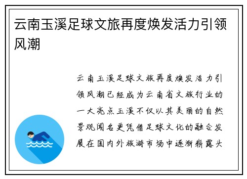 云南玉溪足球文旅再度焕发活力引领风潮