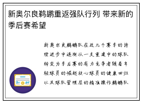 新奥尔良鹈鹕重返强队行列 带来新的季后赛希望